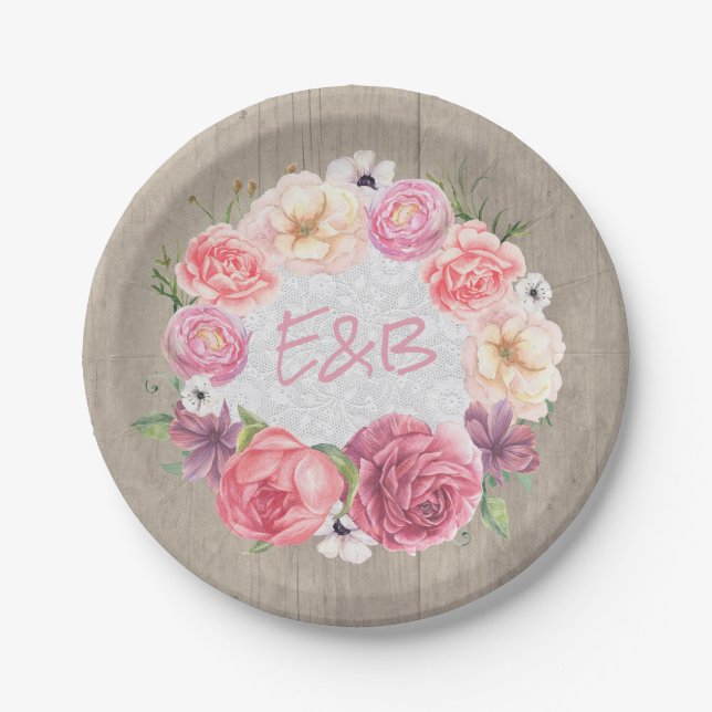 Plato De Papel Boda de Wreath Rústico de la Madera de color Flora (Anverso)