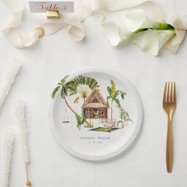 Plato De Papel Boda del árbol de palmas tropical (Boda)