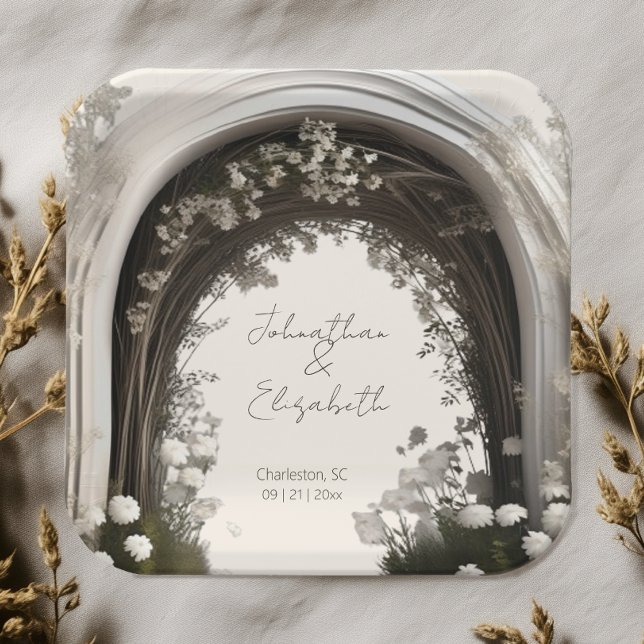 Plato De Papel Boda del Arco Botánico Romántico Boho (Romantic Boho Botanical Arch Wedding Paper Plates)