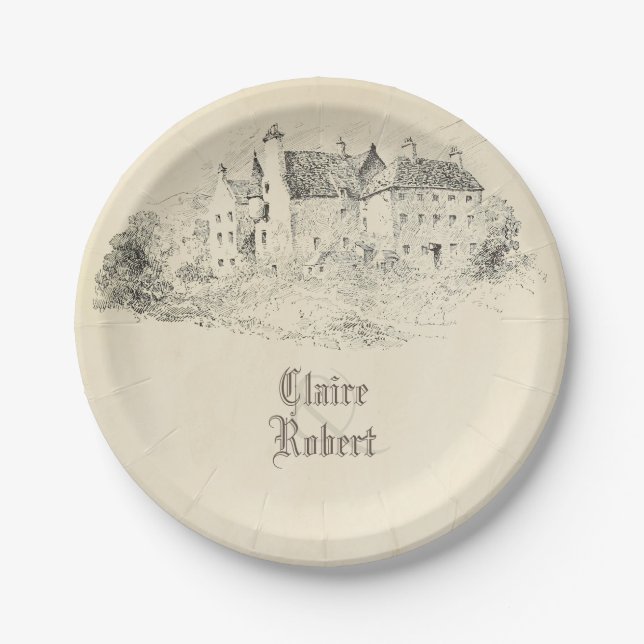 Plato De Papel Boda del Castillo de cuento de hadas antiguo (Anverso)