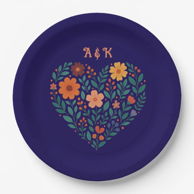 Plato De Papel Boda del corazón floral (Anverso)