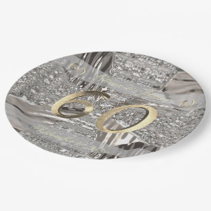 Plato De Papel Boda del Diamante 60 Aniversario Elegante Faux Gol