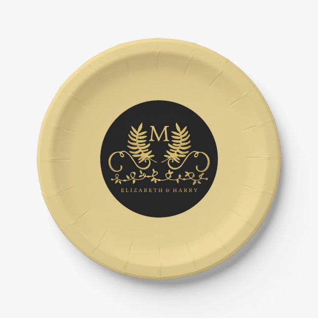 Plato De Papel Boda del Emblema floral dorado (Anverso)