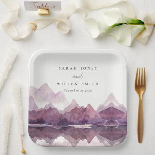 Plato De Papel Boda del lago Purple Lilac Watercolor Mountain