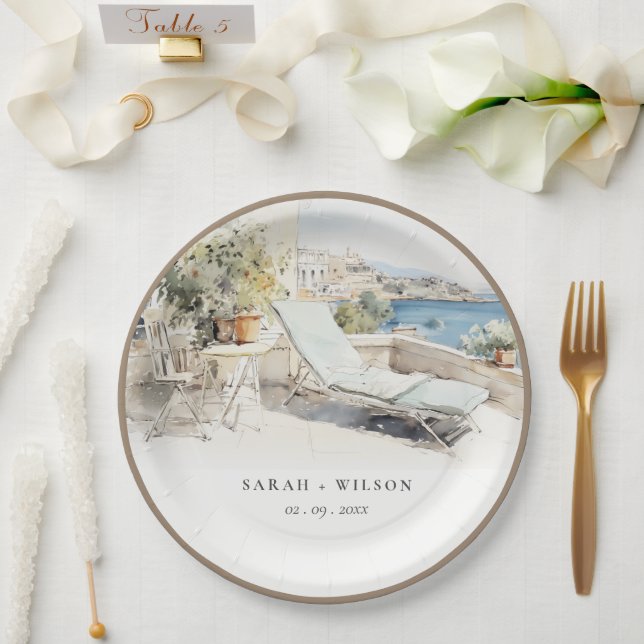 Plato De Papel Boda del paisaje acuático de Curfu Grecia (Boda)