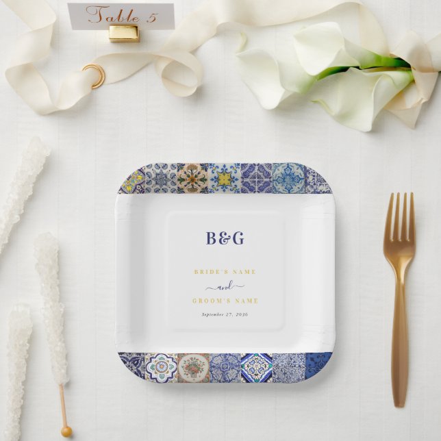 Plato De Papel Boda del patrón de mosaicos portugués mediterráneo (Boda)
