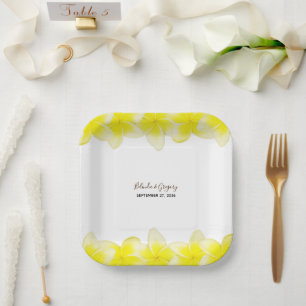 Plato De Papel Boda del Plumeria Frangipani amarillo