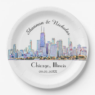 Plato De Papel Boda del Skyline de Chicago personalizado