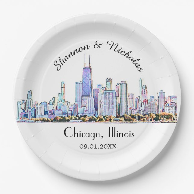 Plato De Papel Boda del Skyline de Chicago personalizado (Anverso)