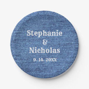 Plato De Papel Boda del tema del denim blanco azul