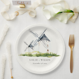 Plato De Papel Boda del tema del molino de viento de color de agu