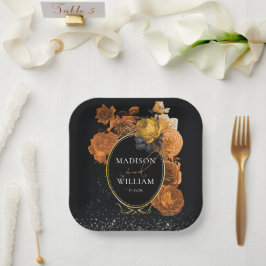 Plato De Papel Boda Detalles del Purpurina negro y Naranja Floral