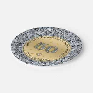 Plato De Papel Boda dorado aniversario diamantes blancos y oro