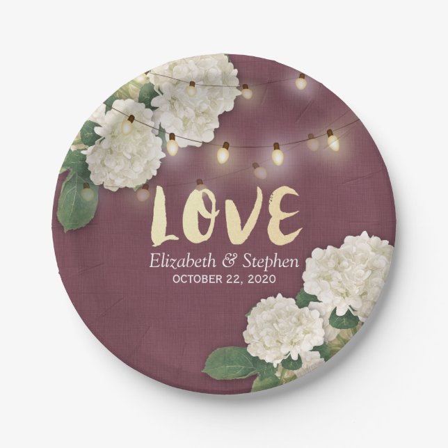 Plato De Papel Boda Ducha Hidrangea Cadena Luz Borgoña Rojo (Anverso)