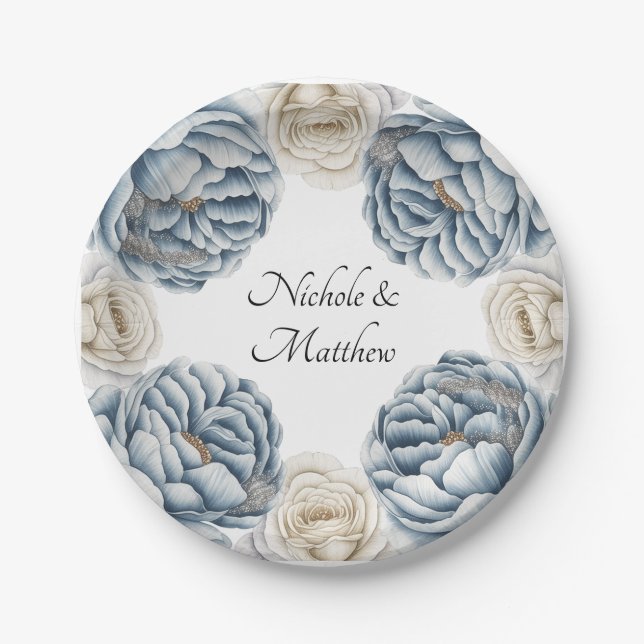 Plato De Papel Boda Dusty Blue & White Peony (Anverso)