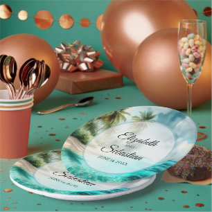 Plato De Papel Boda elegante acuarela de playa tropical