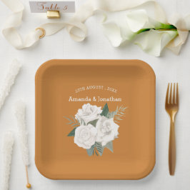Plato De Papel Boda elegante Brandy Punch Brown & White Roses
