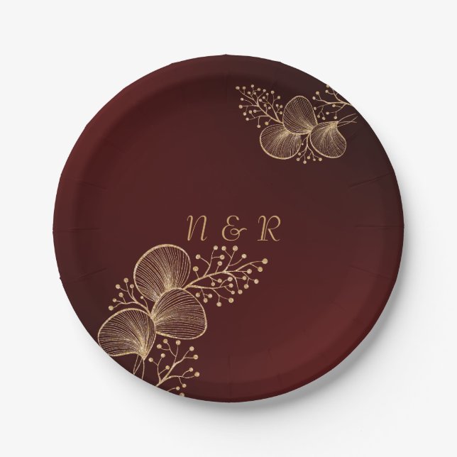 Plato De Papel Boda elegante con flores doradas y borgoña (Anverso)