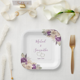 Plato De Papel Boda elegante con rosas púrpura y marfil