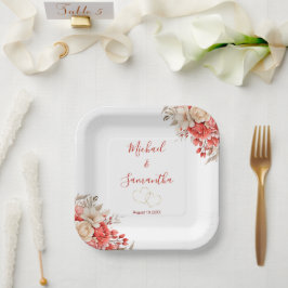 Plato De Papel Boda elegante con rosas rojas y marfil