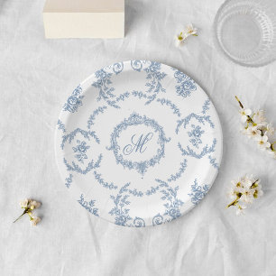 Plato De Papel Boda Elegante con Toile de Jouy Monograma Vintage 