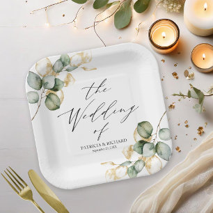 Plato De Papel Boda elegante con vegetación dorada