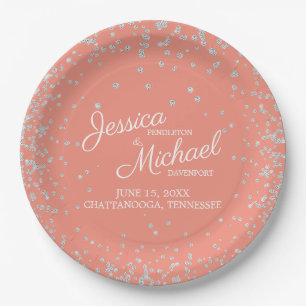 Plato De Papel Boda Elegante Coral Plateado Brillo Blanco