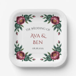 Plato De Papel Boda elegante de burgundy y peonía esmeralda