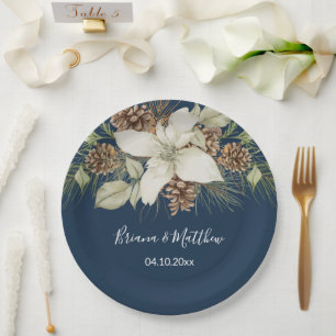 Plato De Papel Boda elegante de escritura en azul marino de invie