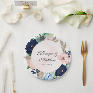Plato De Papel Boda elegante de flores de color naval y rosa desm