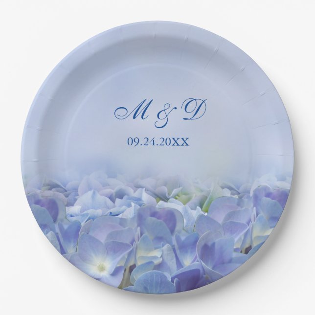 Plato De Papel Boda elegante de Hydrangea Blue Florals (Anverso)