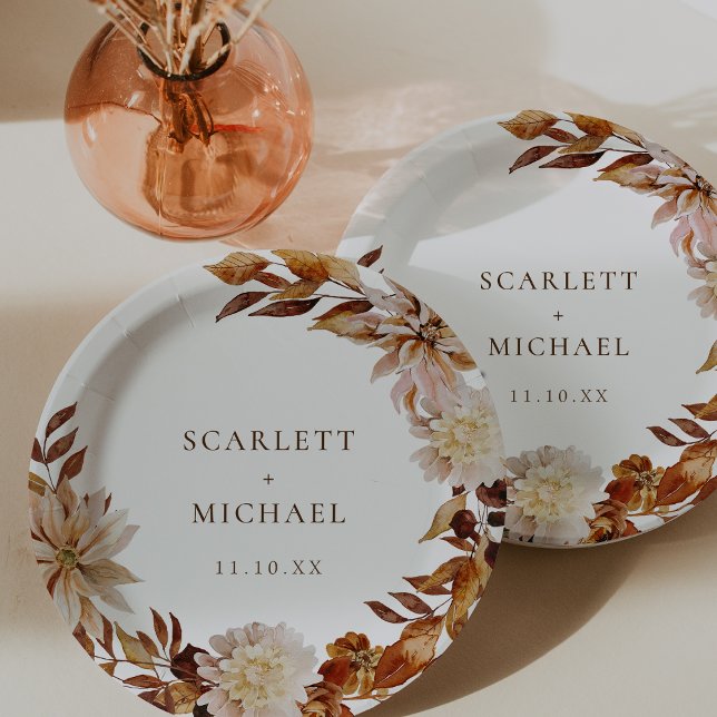 Plato De Papel Boda Elegante de Otoño (Elegant Fall Watercolor Floral Wedding Paper Plates by Painted Paperie)