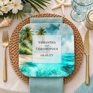 Plato De Papel Boda elegante de playa tropical y palmeras