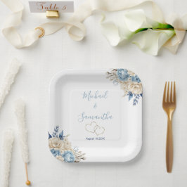 Plato De Papel Boda elegante de rosa azul y marfil