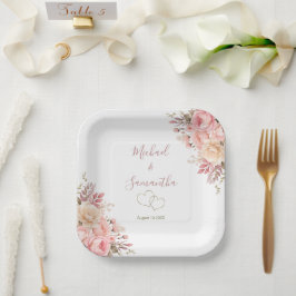 Plato De Papel Boda elegante de rosa rosa y marfil