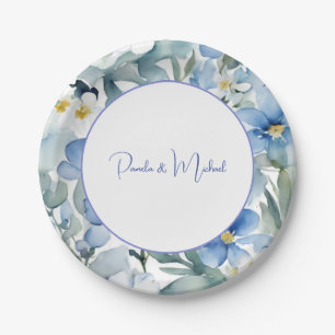 Plato De Papel Boda Elegante Minimalista Clásico Floral Azul