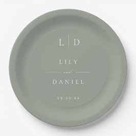 Plato De Papel Boda Elegante Minimalista Monograma Verde Salvia