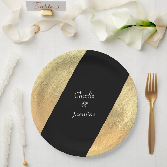 Plato De Papel Boda elegante moderna con lámina de oro y negro (Boda)