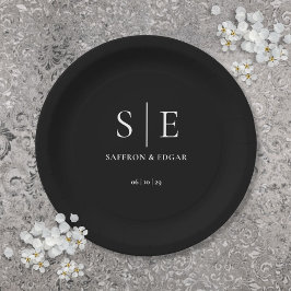Plato De Papel Boda Elegante Monograma Blanco Y Negro