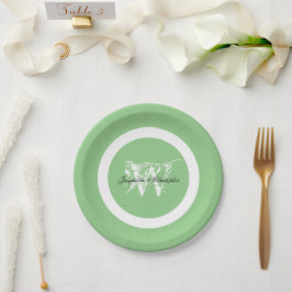 Plato De Papel Boda Elegante Monograma Moda Pastel Verde