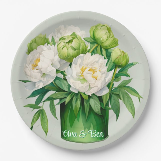 Plato De Papel Boda elegante Peony Verde y Blanca (Anverso)