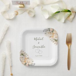 Plato De Papel Boda elegante perla blanca y rosa marfil