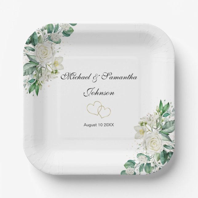 Plato De Papel Boda Elegante Rosa Blanca y Lilies (Anverso)
