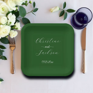 Plato De Papel Boda Elegante Script Verde Musgo
