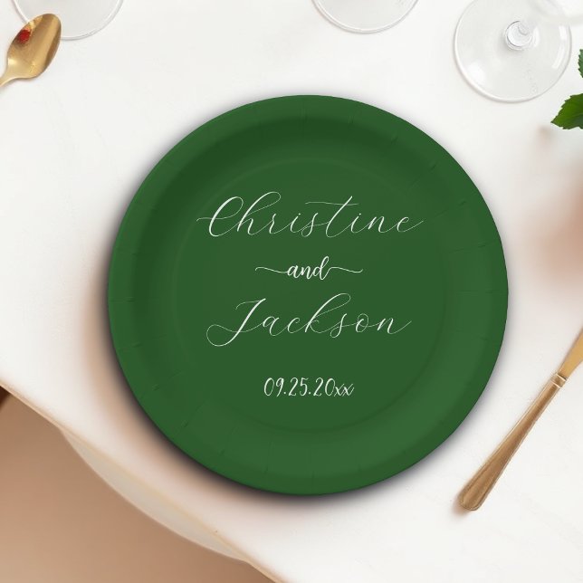 Plato De Papel Boda Elegante Script Verde Musgo (Subido por el creador)