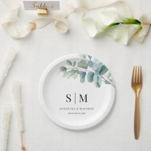 Plato De Papel Boda Elegante Sencilla de Eucalipto Iniciales de P