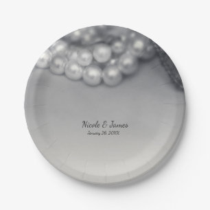 Plato De Papel Boda elegante vintage en blanco y negro con perlas