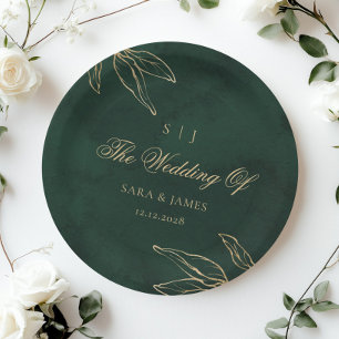 Plato De Papel Boda embelesado botánico de oro verde esmeralda