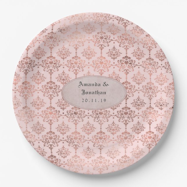Plato De Papel Boda en Damasco de Relieve metalizado Rosa Gold y  (Anverso)
