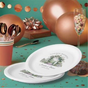 Plato De Papel Boda en Jardín Romántico Arco Floral Fuente